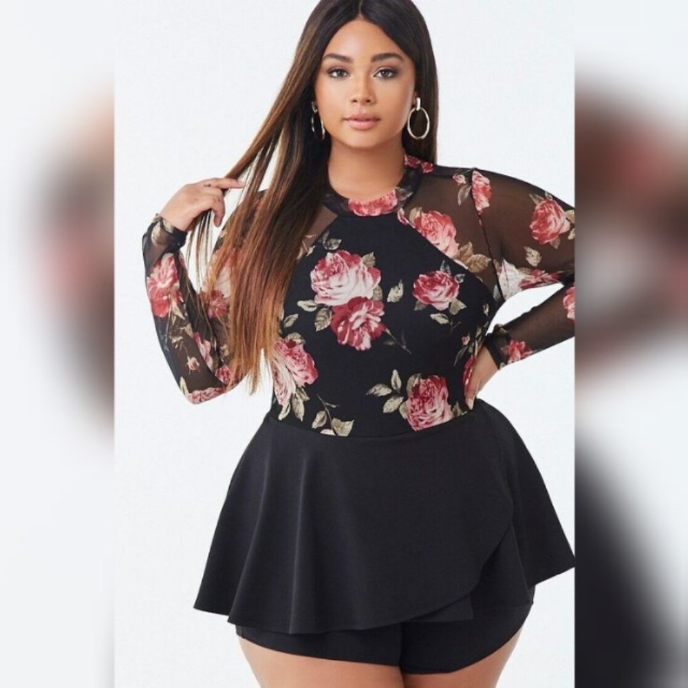 FOREVER 21 NWOT Plus 2X Mesh Floral Mini Skort Romper Black